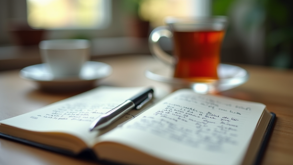A close-up of a journal with handwritten notes and a pen on a wooden desk. A cup of tea and a soft light from a window create a peaceful and contemplative mood.