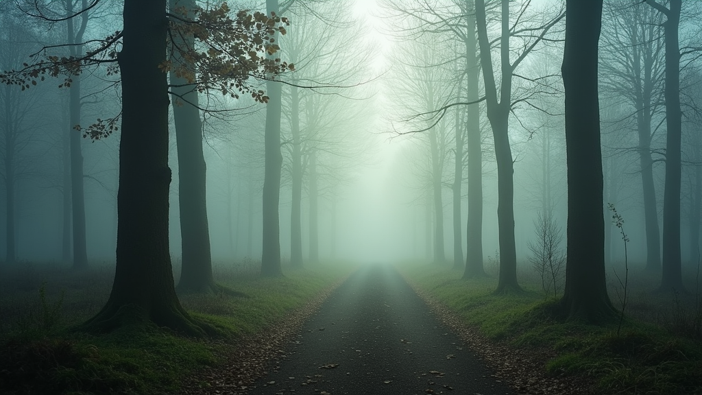 A quiet forest scene foggy morning, showing tranquil nature and growth